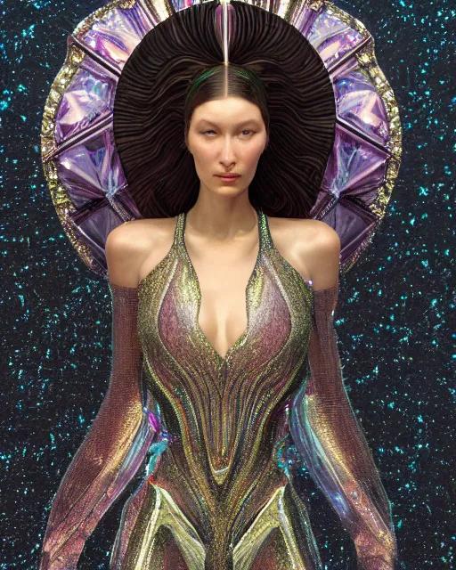 Image similar to a highly detailed metahuman 4 k close up render of an alien goddess bella hadid monument astral in iris van herpen dress schiaparelli in diamonds crystals swarovski and jewelry iridescent in style of alphonse mucha gustav klimt trending on artstation made in unreal engine 4