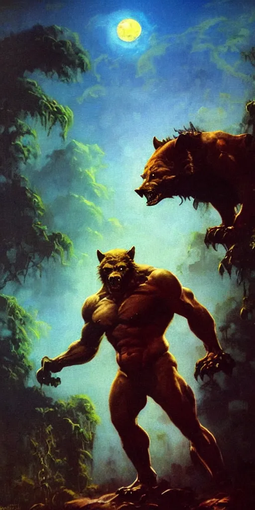 Image similar to by frazetta , close up of realistic werewolf , full body backlight ,top light ,full body portrait ,highly textured oil painting ,jungle ,cyan graveyard with backlight from the moon ,foggy background ,with dramatic sky ,clouds and giant oversized moon and storm