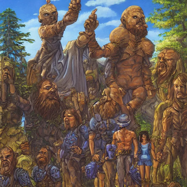 Image similar to a beautiful painting in the style of larry elmore of a stone golem standing center frame with his mystical friends at summer camp