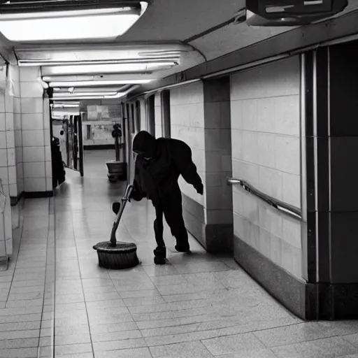 Image similar to A photo of a janitor sweeping a subway station, award-winning photography