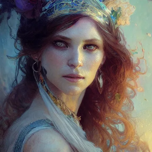 Image similar to woman modestly dressed in linen, fantasy character portrait, ultra realistic, concept art, intricate details, highly detailed by greg rutkowski, gaston bussiere, craig mullins, in style of alphonso mucha