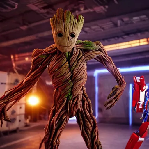 Image similar to groot and optimus prime in techno party among people dancing, wide shoot, after effect ultra realistic 3 d