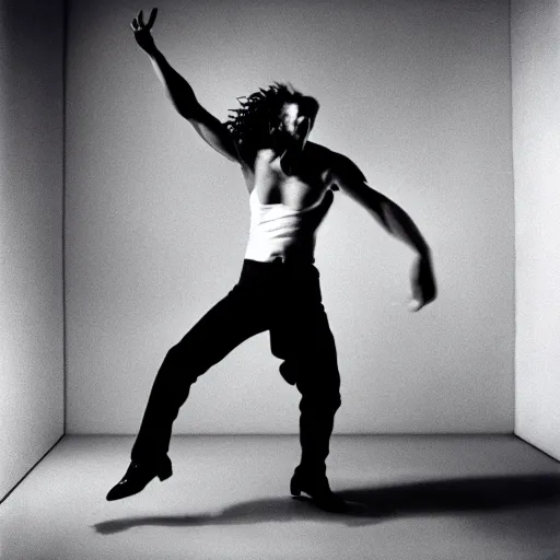 Prompt: very dynamic person, energetic and vigorous movement, by robert longo, by philippe halsman, by antoine d'agata