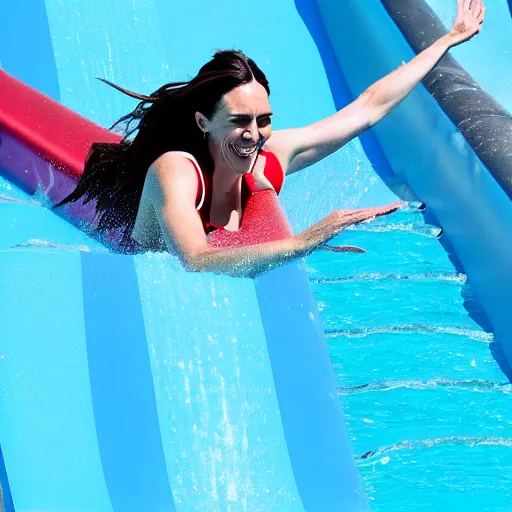 Image similar to 4 k photograph of jacinda ardern riding a waterslide.