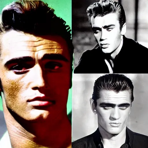 Image similar to genetic combination of james dean, elvis presley, sean connery, and frankenstein's monster. handsome man, prominent cheekbones, deep dimples, strong jaw, striking, hunk. face and upper body focus.