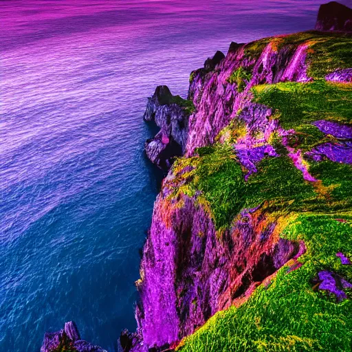 Image similar to cliff landscape with violet ocean, 8 k, moody, purple water, intense color, highly detailed, dream landscape, violet fog, wide, high color saturation,