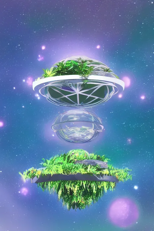 Image similar to multi level botanical garden spaceship floating in space, calm, tranquil, faded effect, detailed, vaporwave colors, render by substance designer