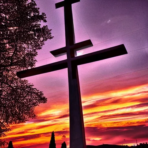 Prompt: millennium cross at sunset in skopje, glowing cross with a halo, twilight and nighttime composition, photograph, atmospheric, perfect lighting, highly detailed