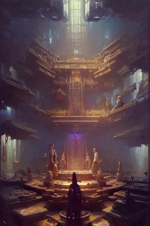 Image similar to extremely beautiful high detailed long portrait of an interior scene with a temple of internet. by daniel f. gerhartz and artgerm and greg rutkowski. intricate details, sci - fi details, a lot of monitors, energetic mood, golden ratio composition, trending on artstation, volumetric lighting, 4 k, 8 k