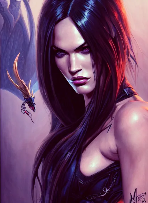 Prompt: portrait of megan fox as a evil demon, hornes, batwings, hell, jewelry, greek, dark, intricate, headshot, key visual, conceptart, ambient lighting, highly detailed, digital painting, artstation, concept art, sharp focus, by makoto shinkai and akihiko yoshida and greg manchess