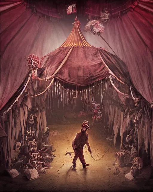 Image similar to the little circus of horrors, circus tent, clown standing at the entrance, creepy, hyper realistic, ambient lighting, horror art, intricate, hyper detailed, smooth