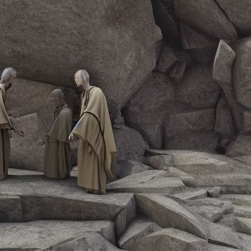 Prompt: stone priest in brown robes tending to his flock of granite children hyperrealistic, octane render intricate detail, ultra detail, in the style of moebius having a seizure in his mindpalace.