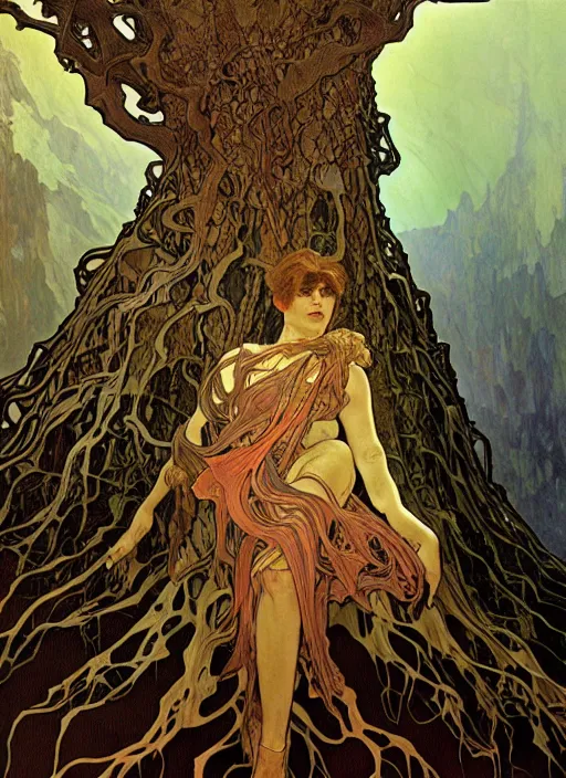 Image similar to close up portrait of a monster tree in the scary mountains of hell, oil painting by tomasz jedruszek and alphonse mucha, cinematic lighting, pen and ink, intricate line, hd, 4 k, million of likes, trending on artstation