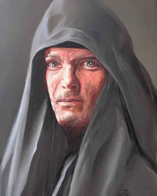 Image similar to oil painting portrait of a man in dark robes, hooded, made by greg rukowtski, fantasy, moodly