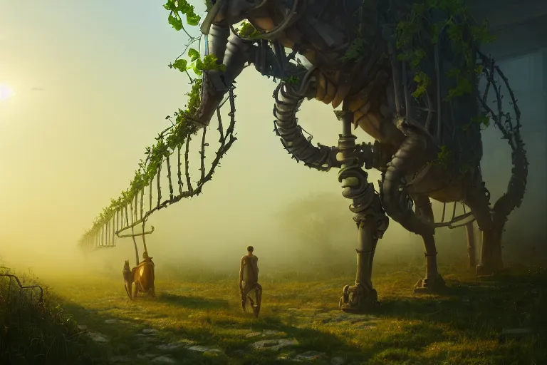 Image similar to a walking ancient city mounted on mechanical legs, vines, hyperrealistic, highly detailed, cinematic, single ray of sun, fog, beautiful, cgssociety, artstation, 8 k, oil painting