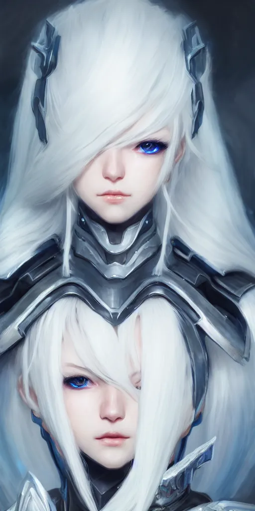 Prompt: perfect white haired girl, warframe armor, beautiful, dreamy, portrait, highly detailed, digital painting, trending on artstation, concept art, sharp focus, illustration, pretty face, blue eyes, sci - fi platform, front lit, laboratory, experiment, masterpiece, art by masayoshi tanaka, akihiko yoshida, kazuya takahashi