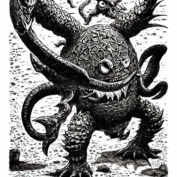 Image similar to a nintendo octorok as a d & d monster, pen - and - ink illustration, etching, by russ nicholson, david a trampier, larry elmore, 1 9 8 1, hq scan, intricate details, high contrast