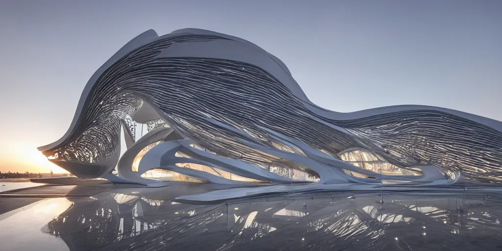 Image similar to extremely detailed ornate stunning sophisticated beautiful elegant futuristic museum exterior by Zaha Hadid, stunning volumetric light, sunset, concrete ant translucent material, stunning skies, 8k dragonfly structural pattern