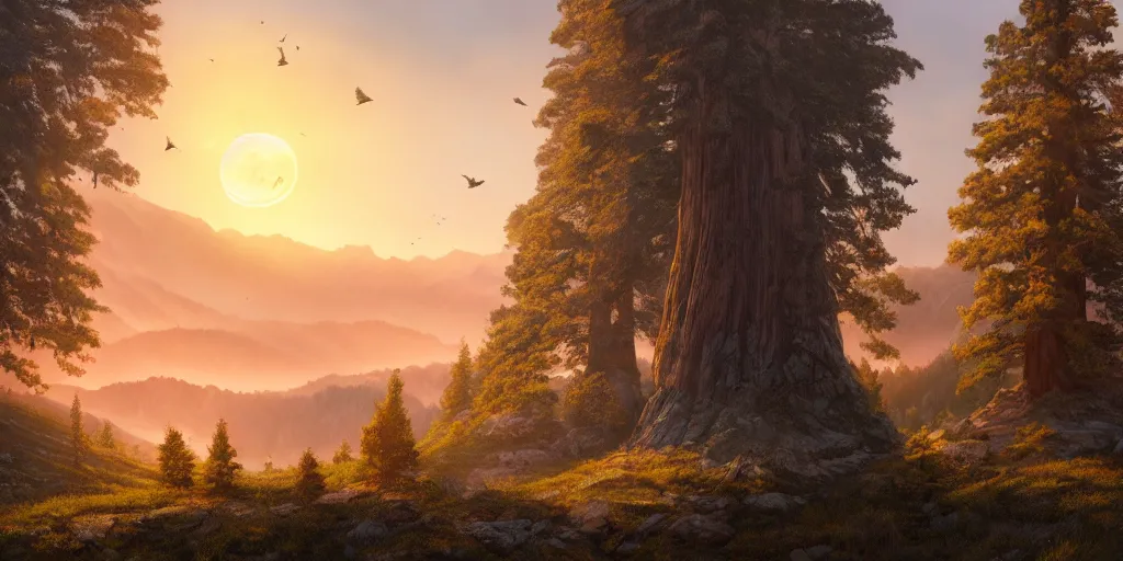 Prompt: a lonely giant sequoia in the center of a in immense valley at sunset with soft clouds and birds flying, intricate, highly detailed, soft illumination, digital painting, artstation, concept art, smooth, sharp focus, illustration, cinematic, vfx, 4 k