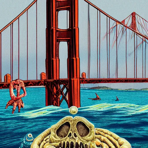 Image similar to giant bone creature standing in the ocean in front of the golden gate bridge, extreme detail, abstract realism, highly ornate intricate details, 1 9 2 0's colored pencil, 4 k, cinematic lighting,