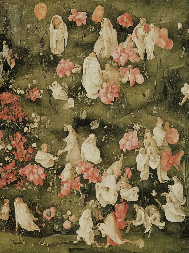 Image similar to beautiful large flowers in a garden, in the style of hieronymus bosch,