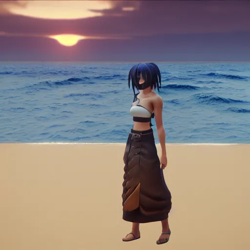 Image similar to Render of a Ryougi Shiki, full round face, golden hour, serene beach setting, medium shot, mid-shot, highly detailed, trending on Artstation, Unreal Engine 4k