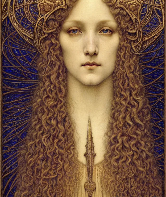 Image similar to detailed realistic beautiful young medieval queen face portrait by jean delville, gustave dore and marco mazzoni, art nouveau, symbolist, visionary, gothic, pre - raphaelite. horizontal symmetry