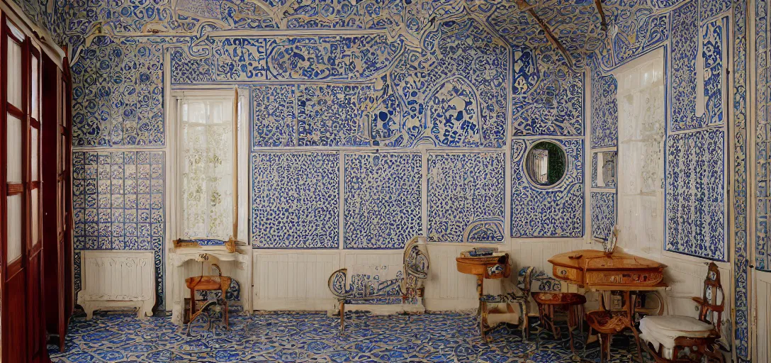 Image similar to ! dream house in porto with portuguese tiles. photographed by wes anderson on fujinon premista 1 9 - 4 5 mm t 2. 9. portra 8 0 0.