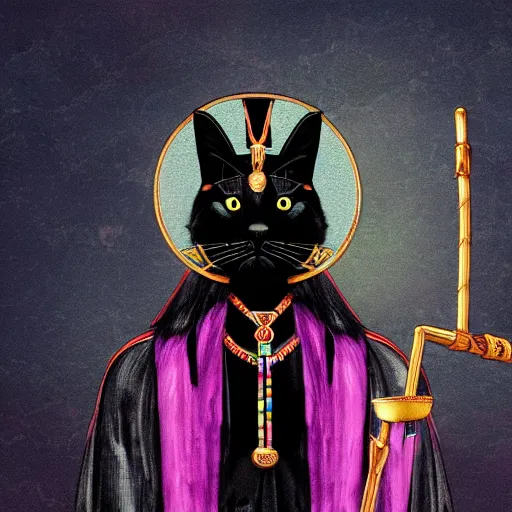 Image similar to A portrait of a black cat Pharaoh, wearing an Egyptian attire and a had, holding a staff, photorealistic digital art in a synthwave style