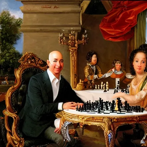 Image similar to jeff bezos with robin wiiliams playing chess looking wise, rococo oil painting, highly detailed