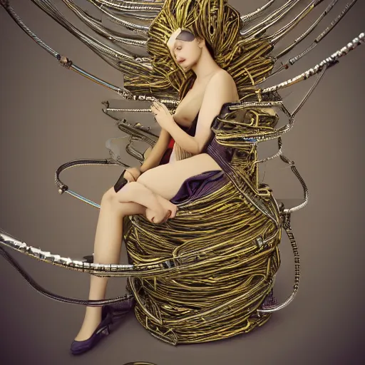 Prompt: tapping in to something greater, piles of modular synth cables, goddess laying down wearing a big headpiece made of circuit boards in a photo shoot for balenziaga, wlop, stanley kubrick, masamune, unique perspective, eastman color, perfect details, trending on artstation, 3 d render, smooth render, wlop