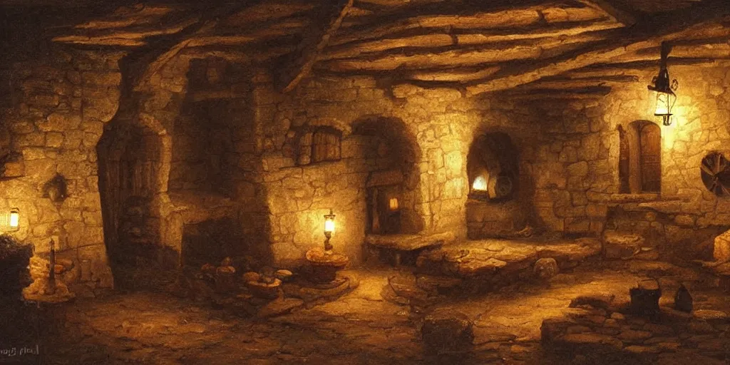 Image similar to medieval cottage interior at night, fantasy