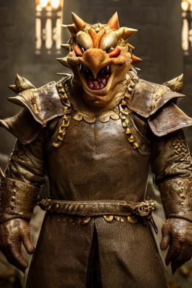Image similar to very very intricate photorealistic photo of bowser in an episode of game of thrones, photo is in focus with detailed atmospheric lighting, award - winning details