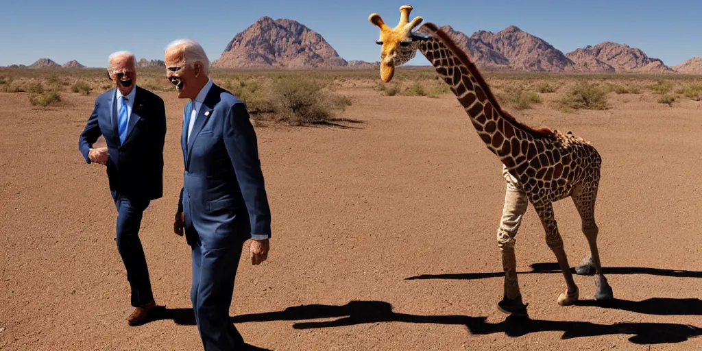 Image similar to Joe Biden in a giraffe suit , walking in the desert