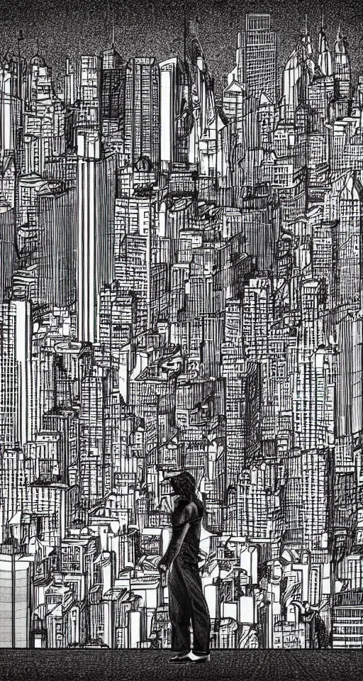 Image similar to cypherpunk full body illustration of nyc, camera face, black and white, city street background with high tall buildings, central park, diane arbus, abstract portrait highly detailed, finely detailed