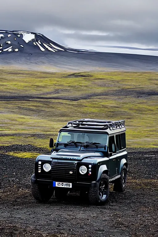 Prompt: land rover defender in iceland in the style of salvador dali