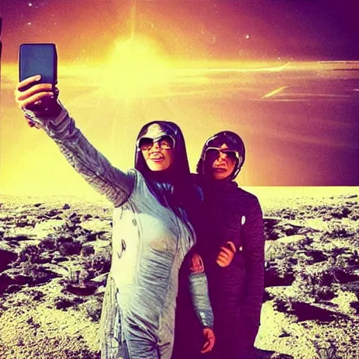 Image similar to “ our humanoid descendants in the year 2 2 0 0 taking a selfie on their sci - fi planet, award - winning details ”