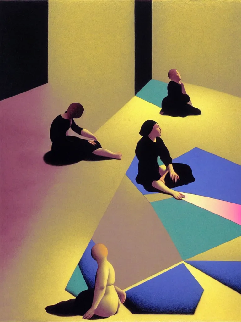 Image similar to hyperrealistic still life wide shot a woman dressed in loose fabric, sitting on the ground relaxing, sacred geometry, light refracting through prisms, by caravaggio, surrealism, vivid colors, serene, golden ratio, rule of thirds, negative space, minimalist composition, by rene magritte and james turrell