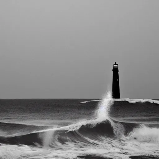 Image similar to lighthouse, ocean, two loons, crashing waves, light, black and white, tattoo art,