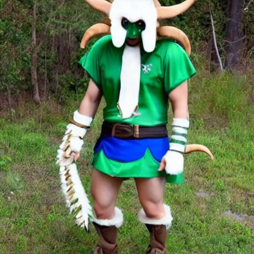 Image similar to a ram dressed up as link, realistic.