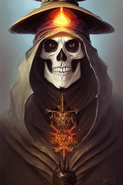 Image similar to Portrait of archmage skeleton with a wizard hat on his head, D&D, face, fantasy, intricate, elegant, highly detailed, digital painting, artstation, concept art, smooth, sharp focus, illustration, art by artgerm and greg rutkowski and alphonse mucha