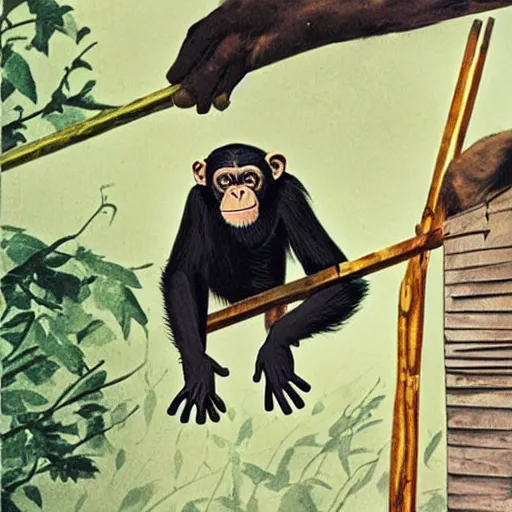 Image similar to A chimpanzee constructing a house, 1960s poster style