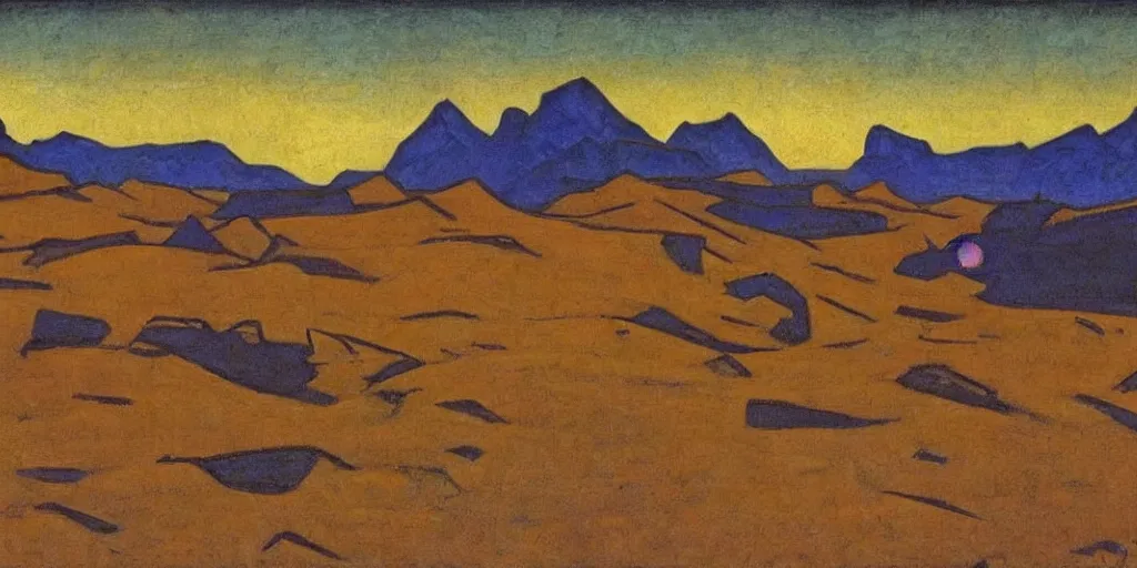 Image similar to martian landscape by nicholas roerich,