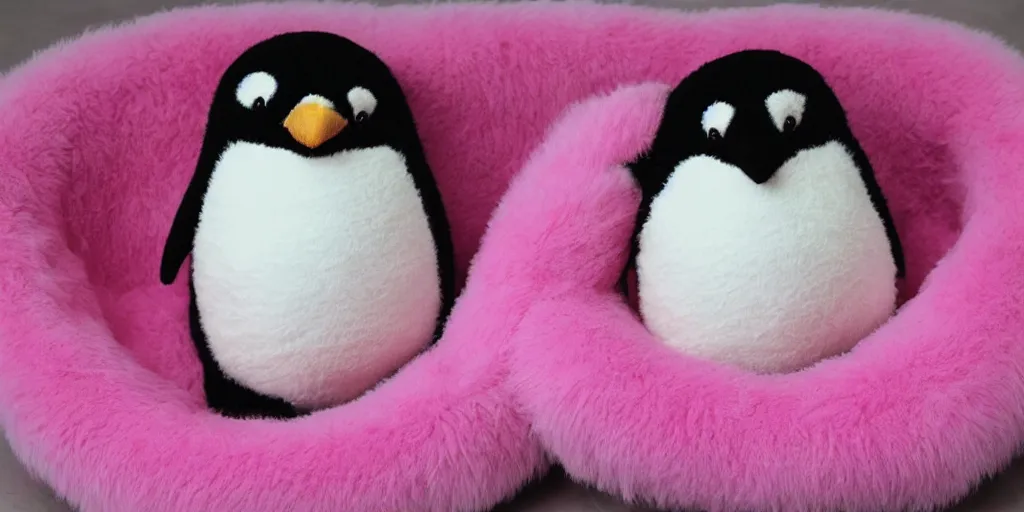 Image similar to realistic penguin sitting in an pink fluffy bed waving