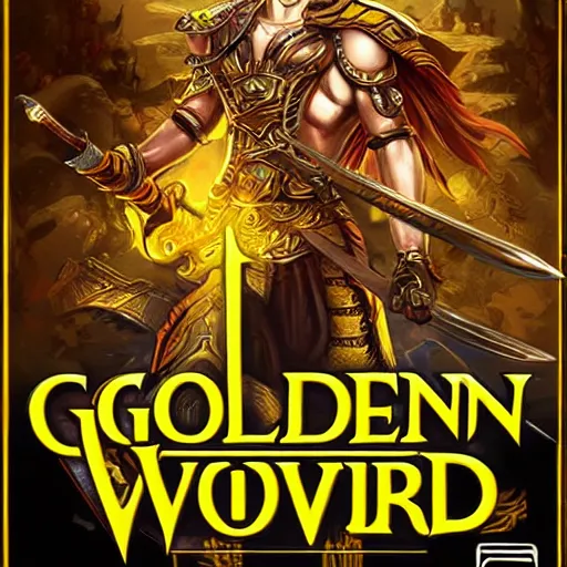 Prompt: video game box art of a game called golden sword, highly detailed cover art.
