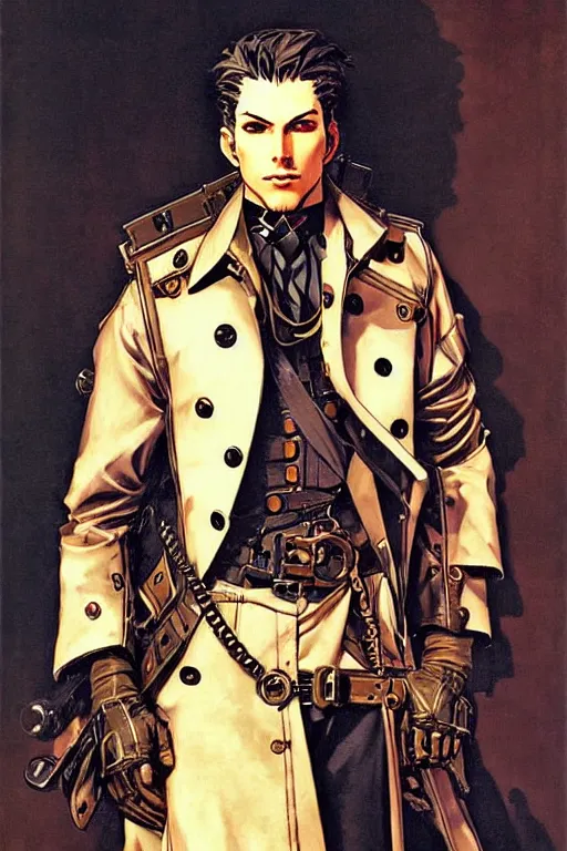 Prompt: attractive man, steampunk, painting by j. c. leyendecker, yoji shinkawa, katayama bokuyo