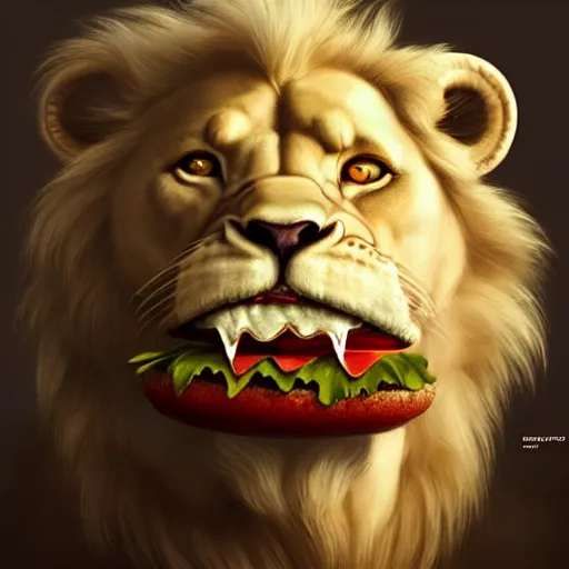 Prompt: commission of a male anthropomorphic albino lion eating an oversized hamburger,digital art,art by greg rutkowski,trevor henderson,ross tran,photorealistic,hyperdetailes,highly realistic,natural lighting,deviantart,artstation,dramatic,cinematic,4k,western comic style