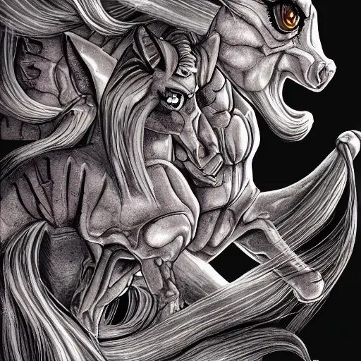 Image similar to detailed illustration of my little pony in the style of h r giger and wayne barlowe
