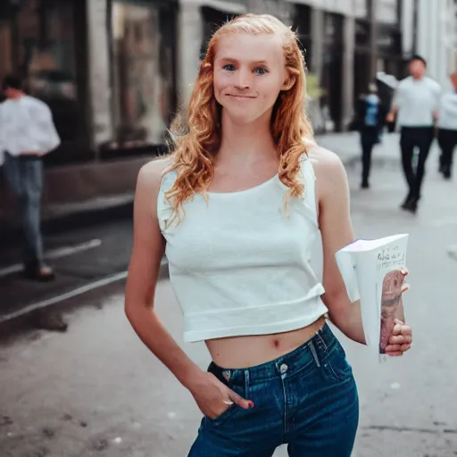 Image similar to Portrait photograph of a Strawberry-Blonde Girl, Young Beautiful Face, Green Eyes, Freckles, Wearing a white crop-top and jeans, with a subtle smile, Humans of New York Style, Leica Camera 50mm lens, street photography, aesthetic canon of proportions, grainy film photo