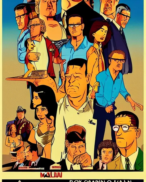 Image similar to a 1 9 7 0 s promotional poster for a mafia king of the hill movie, poster design, film grain, vintage, king of the hill, dramatic, dramatic lighting, pulp style poster, hank hill, dale gribble, boomhauer, bill dauterive, john redcorn, in the style of mike judge